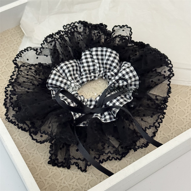 Women's Stylish Cloth Bowknot Hair Scrunchies Black White Checkered Lace