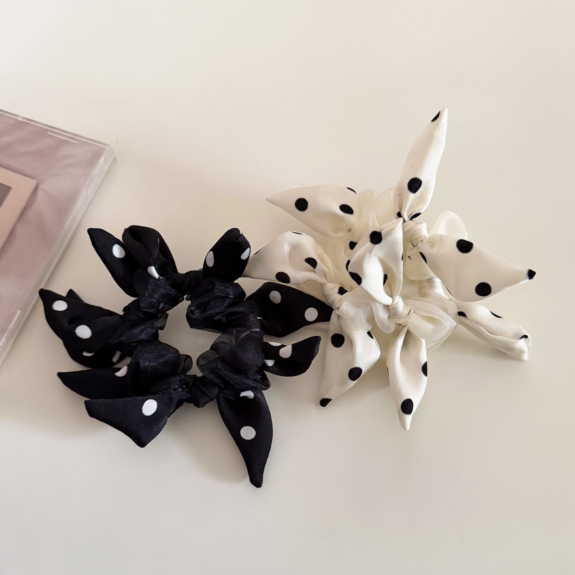 Women's Mesh Large Bowknot Hair Tie Accessory Black And White Polka Dot