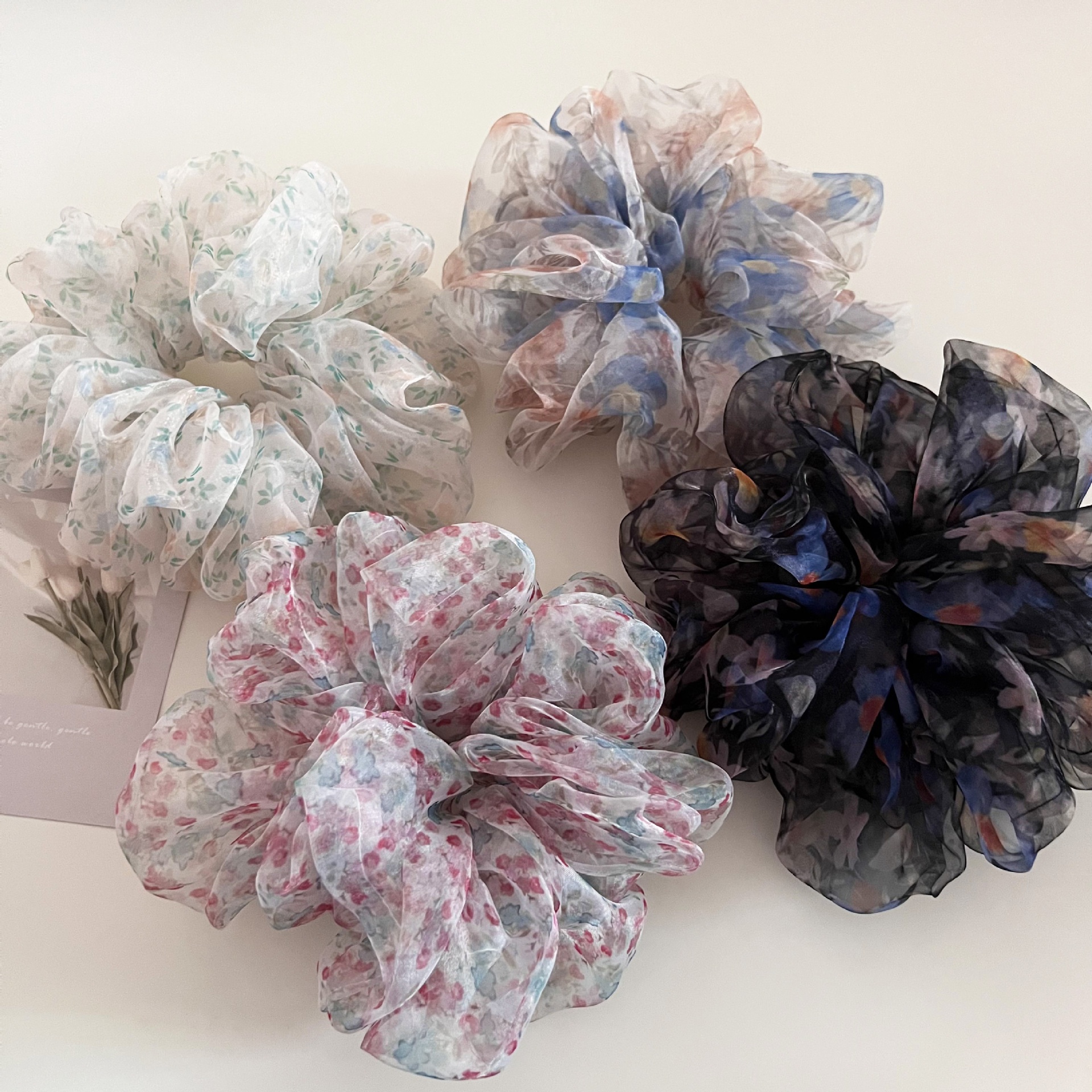 Women's Vintage Organza Bun Hair Tie Ditsy Floral Pink Peach Green