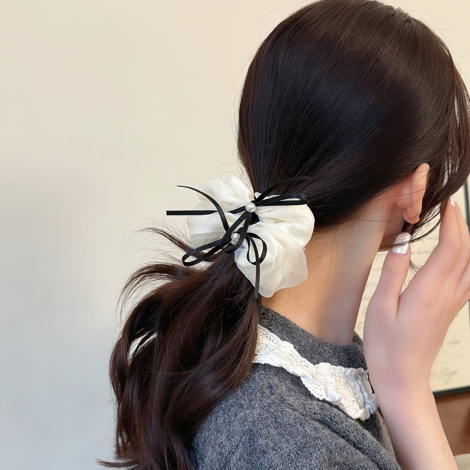 Women's French Style Elegant Spring Lace Bowknot Hair Tie Black