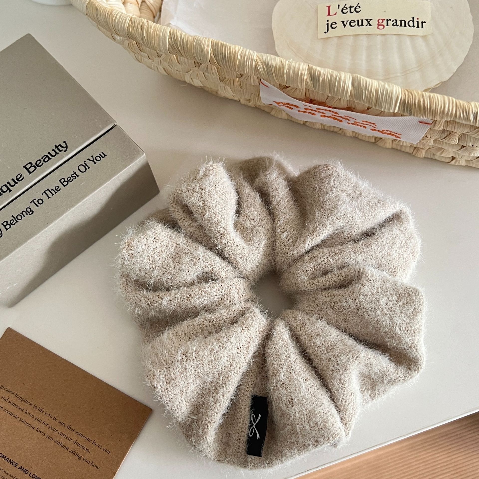 Women's Autumn Winter Plush Bowknot Hair Tie Scrunchie Brown Grey Black