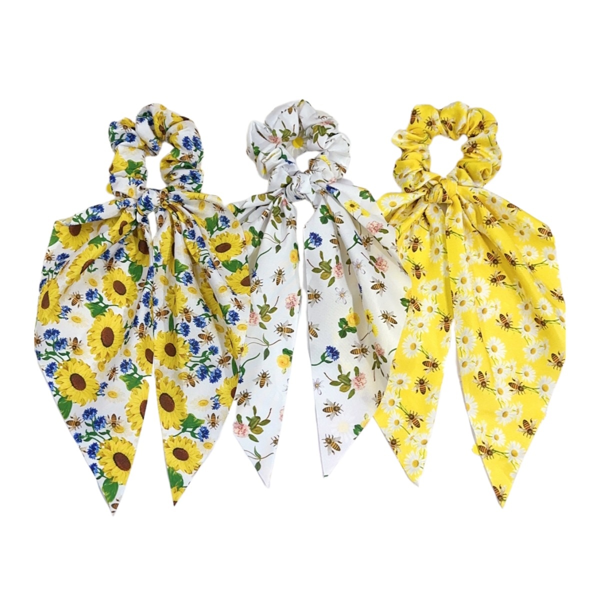 Women's Beach Cloth Hair Tie White Sunflower Bee Print