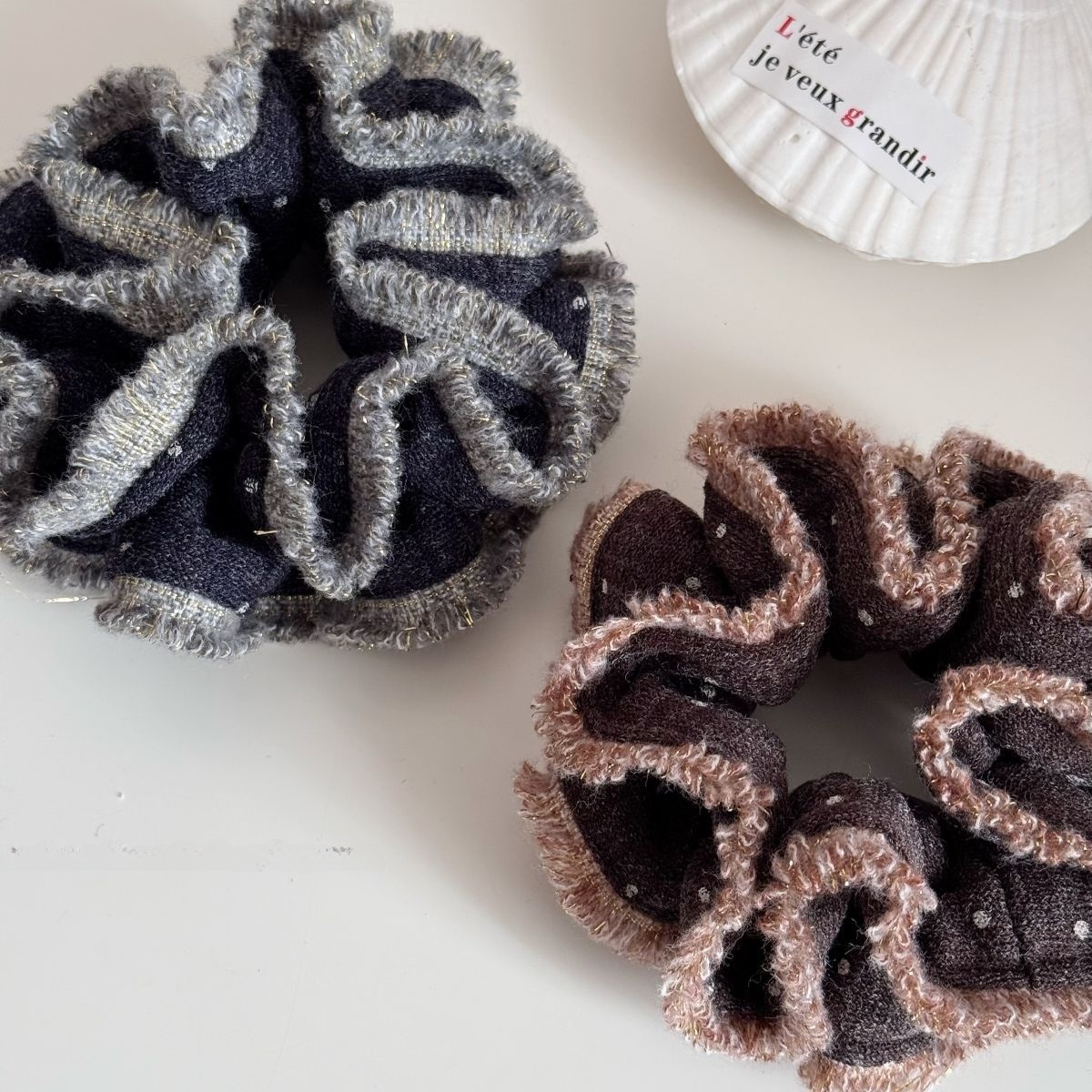 Women's Winter Cozy Plush Knit Hair Tie With Coffee Polka Dots