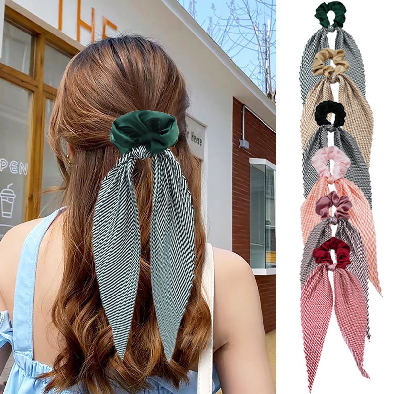 Women's French Style Satin Bowknot Hair Tie For Spring Striped Black