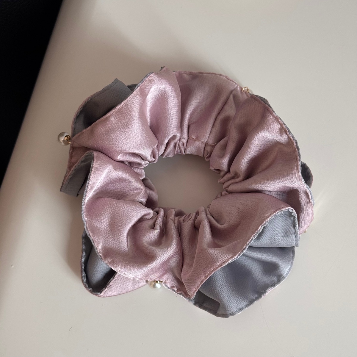 Women's Winter Satin Scrunchie Hair Tie Grey & Pink Color Block