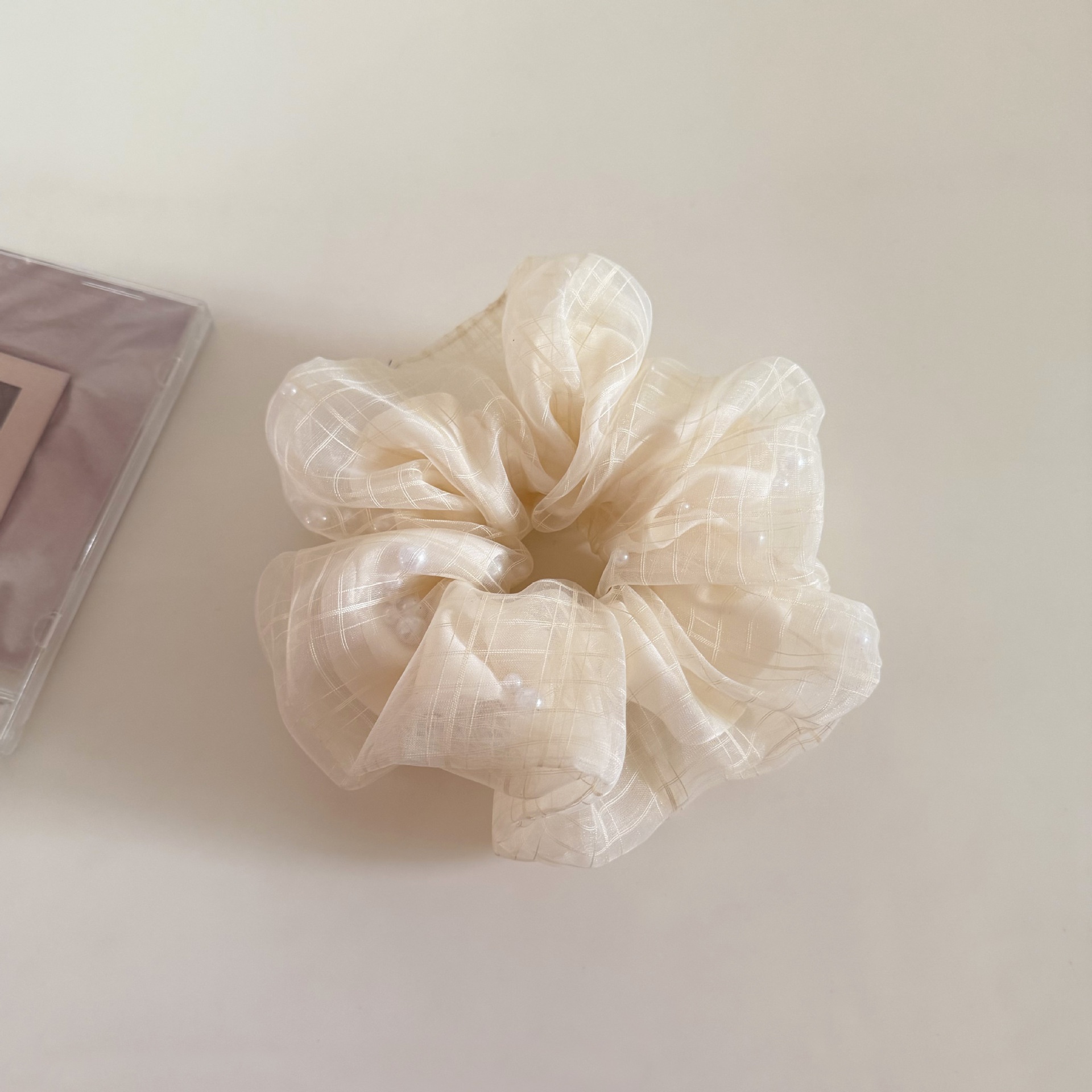 Women's Sweet Apricot Plaid Gauze Hair Tie Scrunchie with Pearls