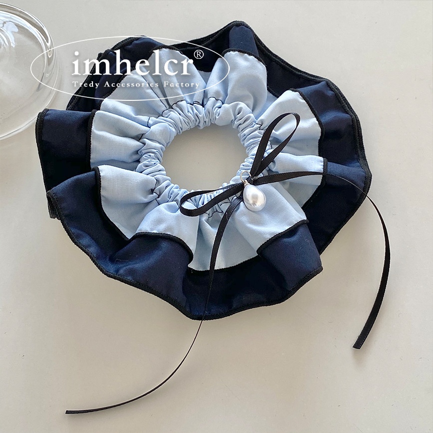 Women's Blue Pearl Knot Hairband Double Band High Elasticity Cloth Hair Tie