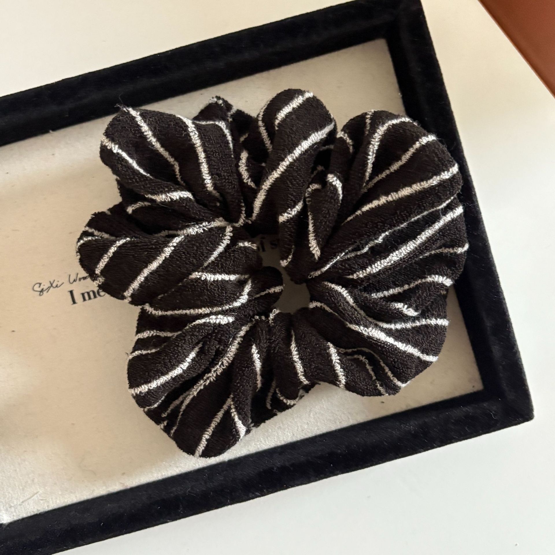 Women's Chic Striped Plush Knit Hair Tie, Soft Autumn Winter Black Scrunchie