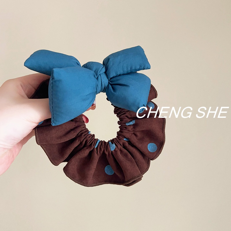 Women's Sweet Fabric Sponge Butterfly Bow Hair Tie Blue Polka Dot