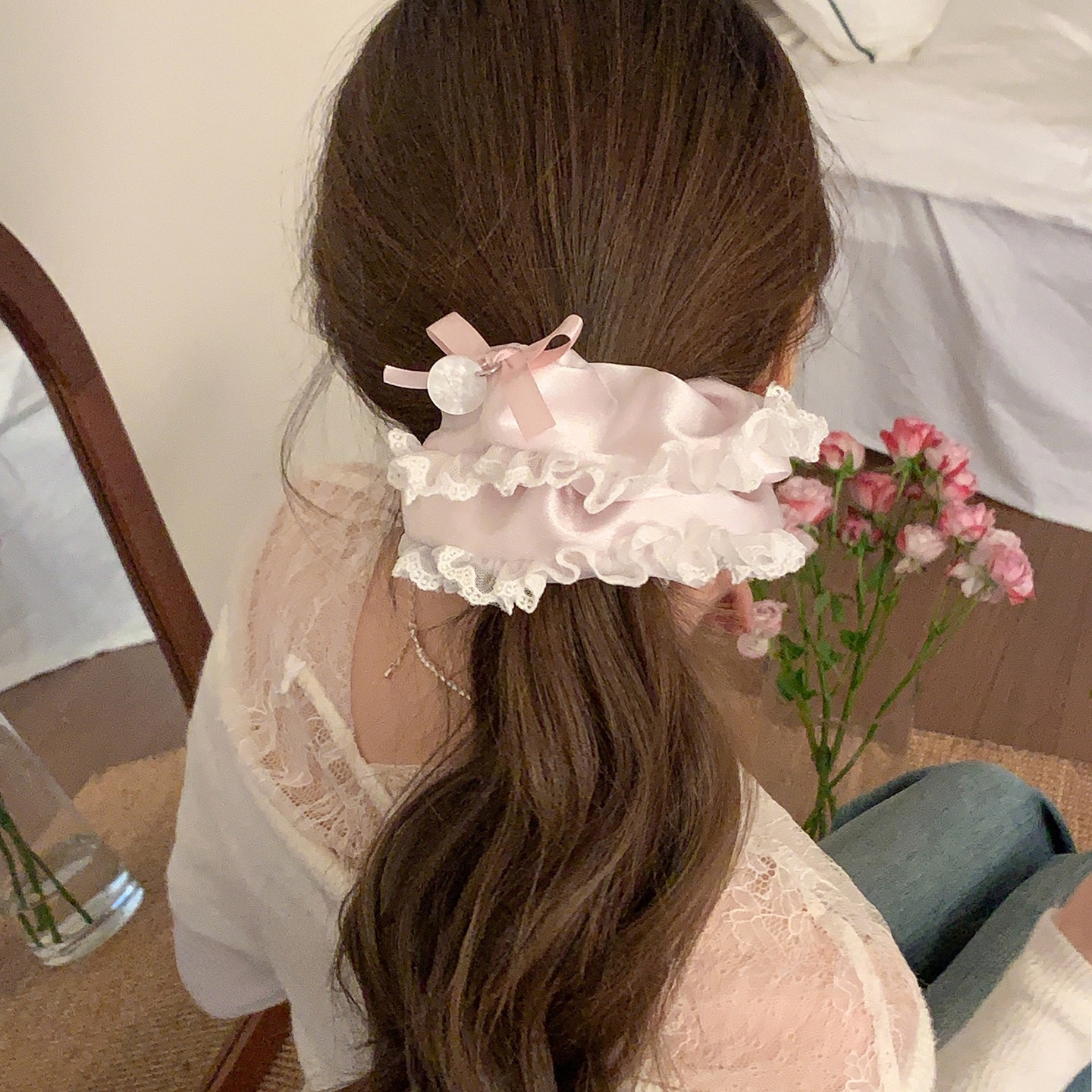 Women's French Satin Bow Hair Tie For Spring Summer Beige Pink