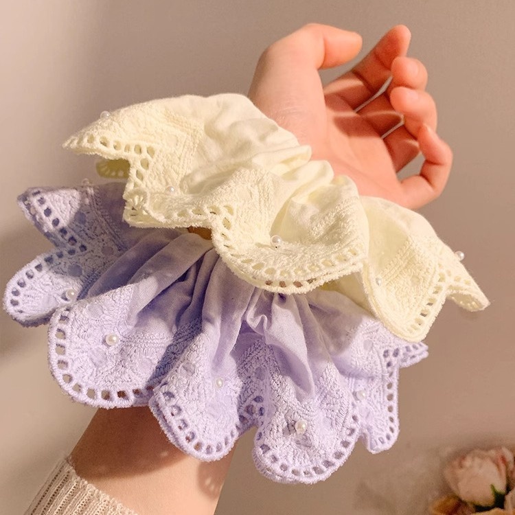 Women's Elegant Pleated Ponytail Bun Hair Tie Yellow Lace Pearl Flower