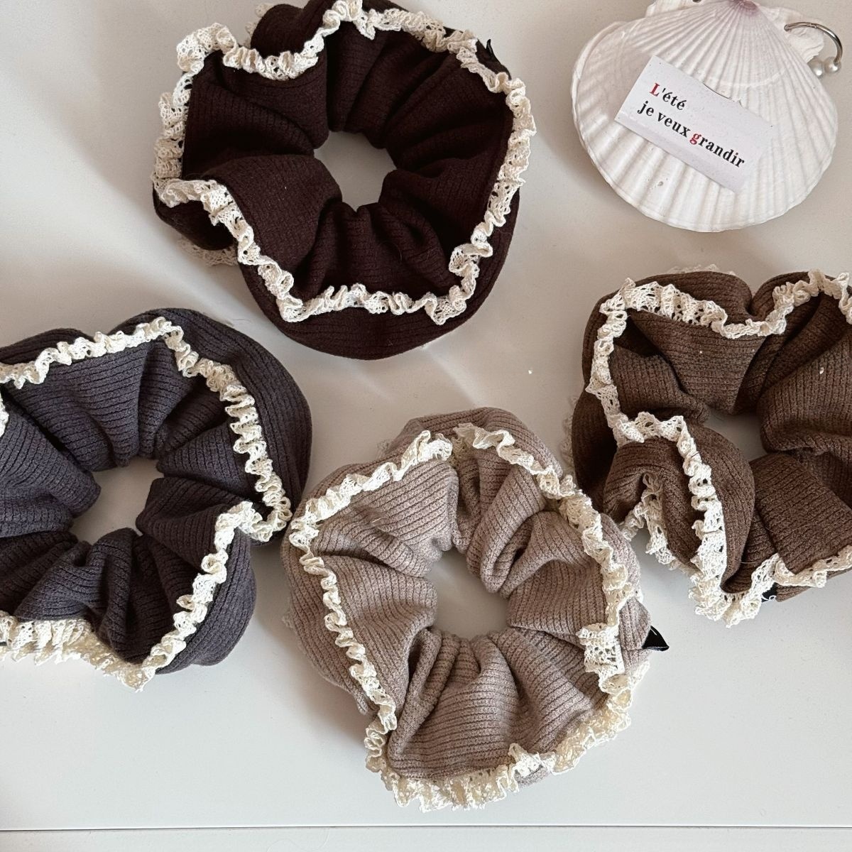 Women Casual Knitted Elastic Hairband Double Layer Lace Edge Solid Color