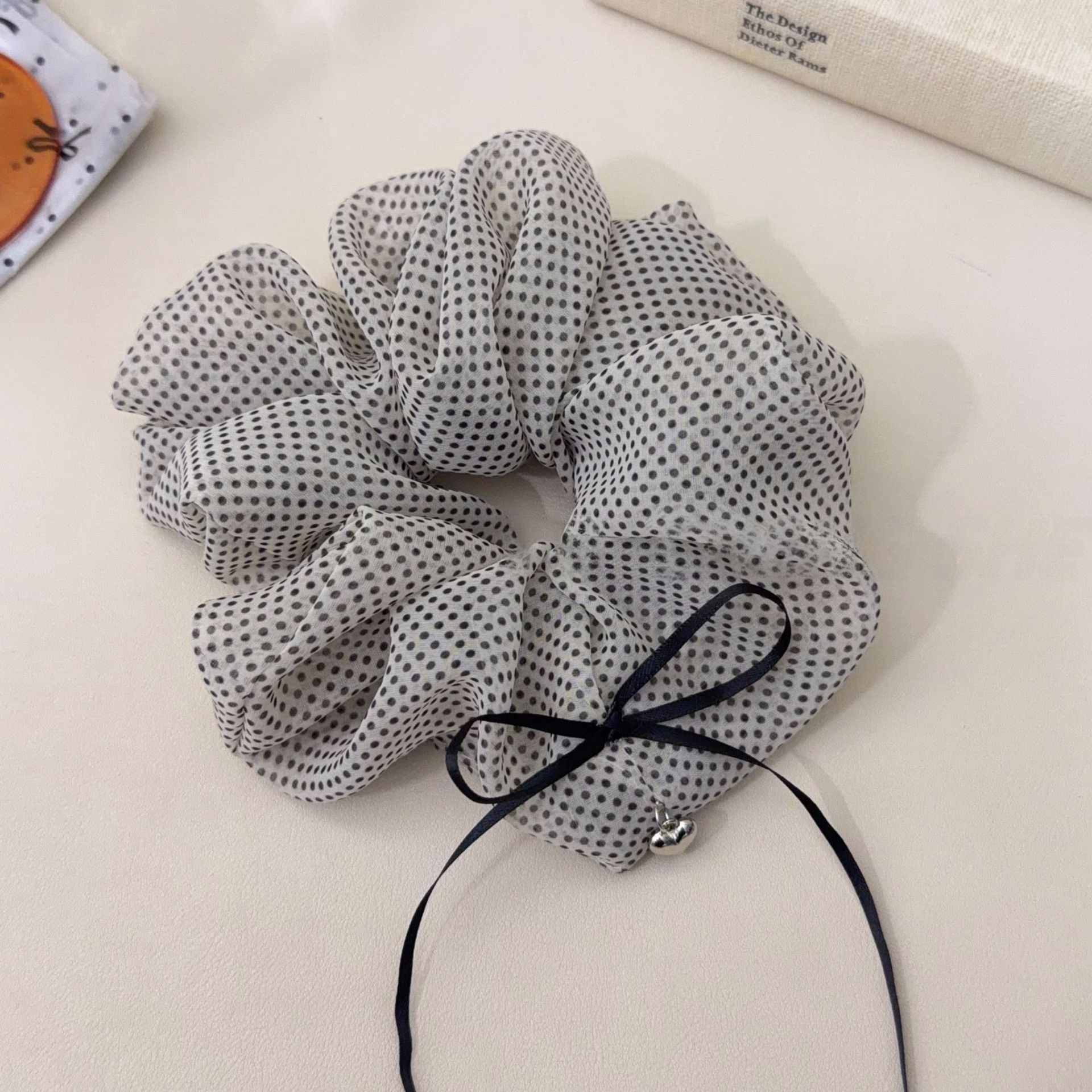 Women's All-Season Gauze Hair Scrunchie Beige Polka Dots Bow Knot
