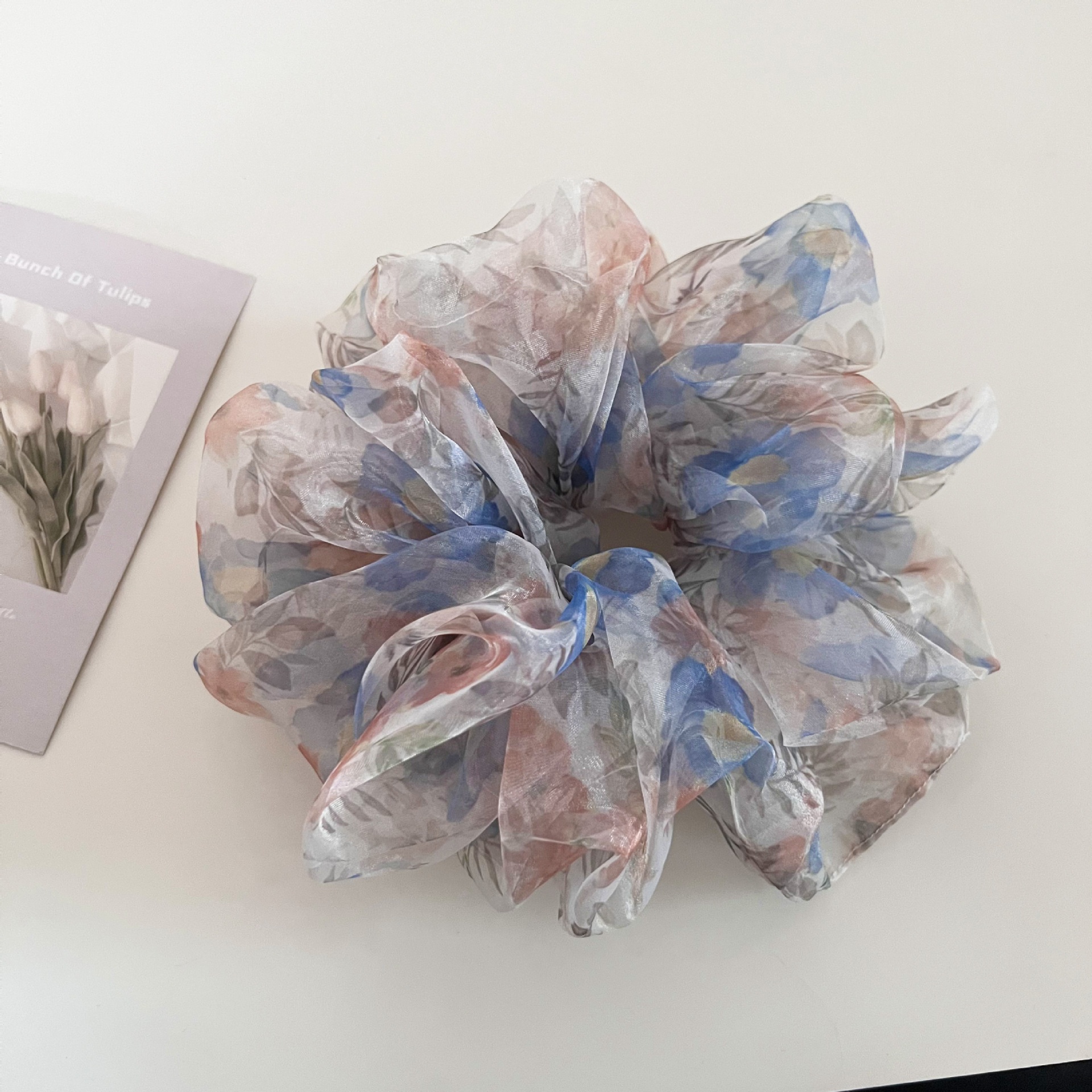 Women's Vintage Organza Bun Hair Tie Ditsy Floral Pink Peach Green