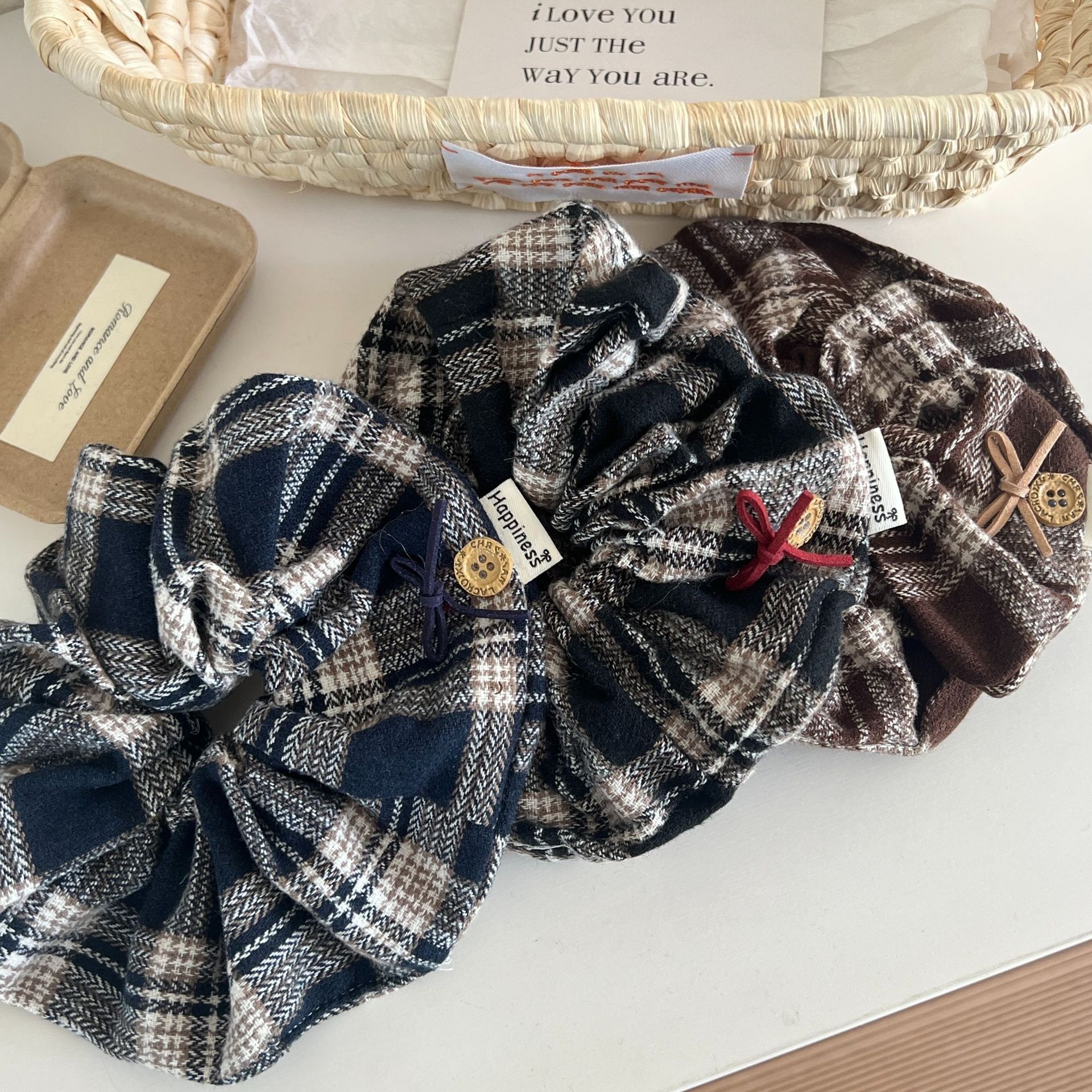 Women's French Retro Plaid Cloth Hair Tie in Black, Winter Hair Accessory