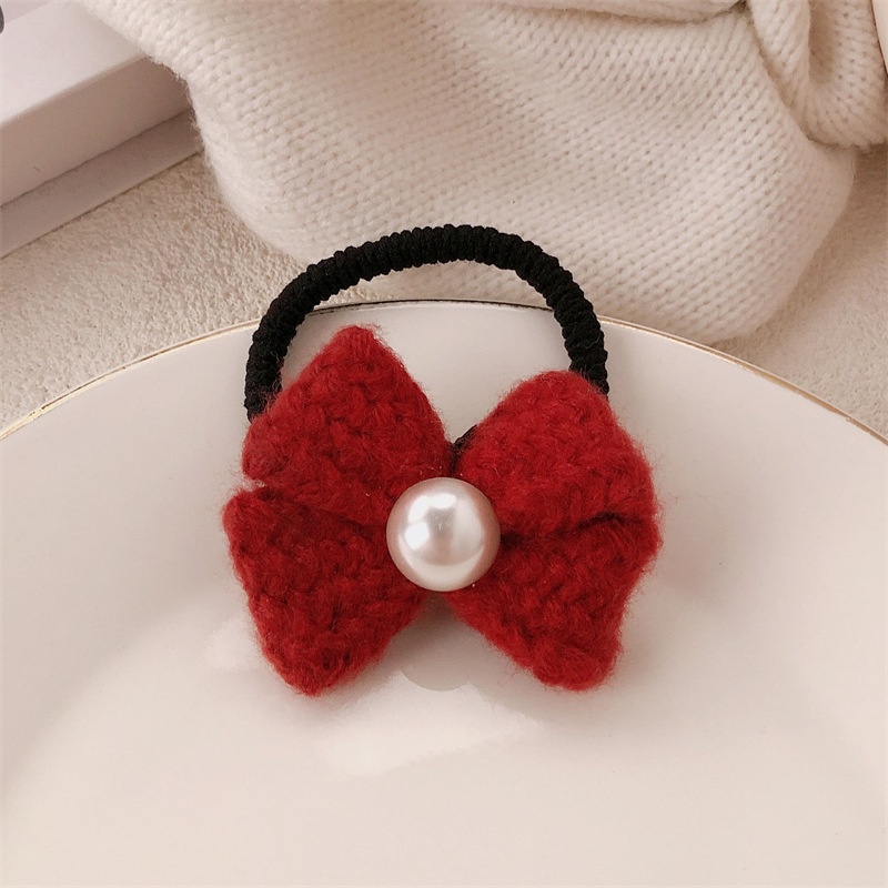 Women's Festive Red Wool Bow Hairband & Pearl Elastic Hair Tie for Winter