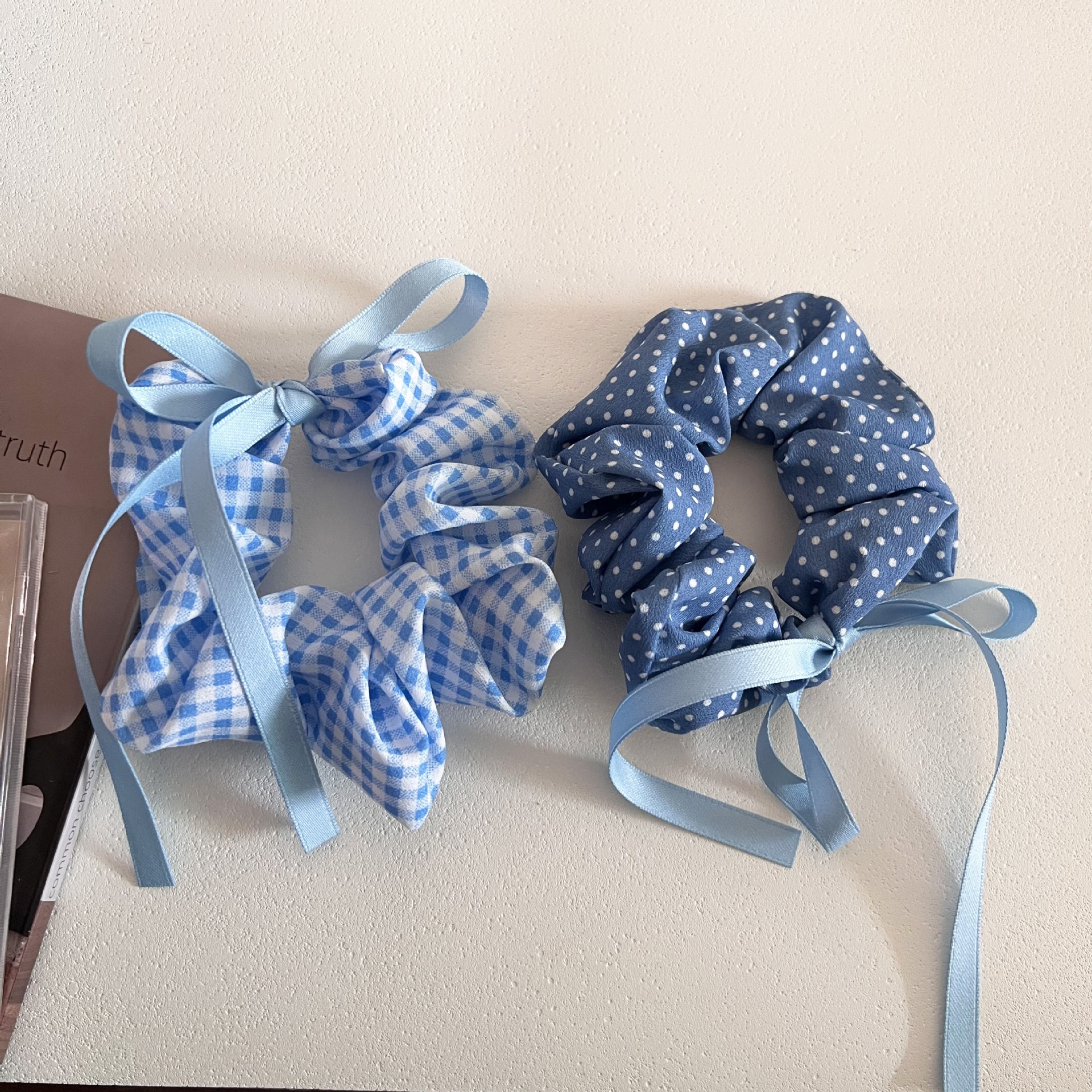 Women's Large Cloth Bow Scrunchie For Hair Buns Blue Plaid Polka Dot