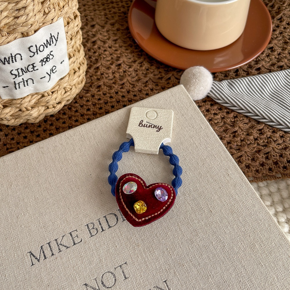 Girls High Elastic Velvet Bubble Hairband Rhinestone Heart Shape