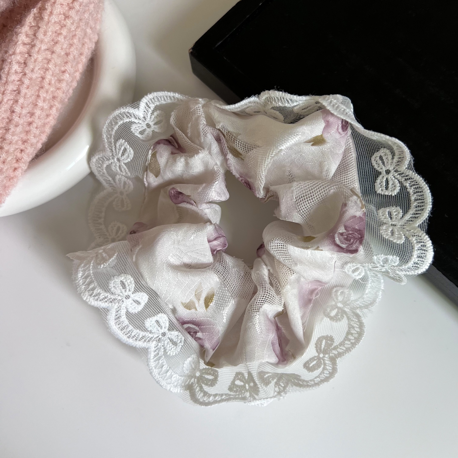 Women's French Lace Flower Hair Tie Fairy Elastic Ponytail Accessory