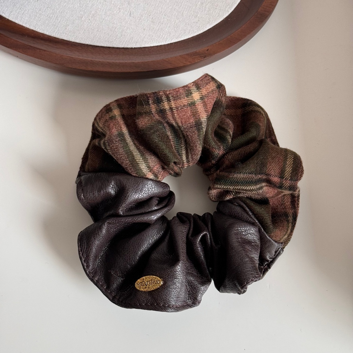 Women's Autumn Winter Fabric Bow Scrunchie Hair Tie Brown Color Block Plaid