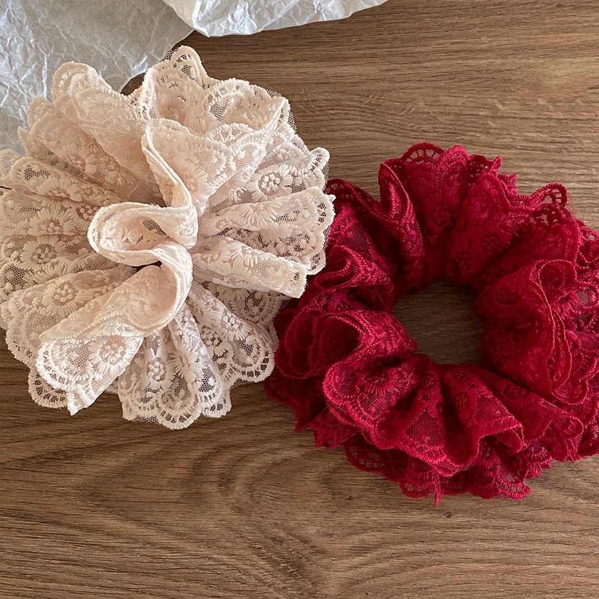 Women's French Retro Four-Layer Lace Hair Tie Wine Red Ditsy Floral Hairband