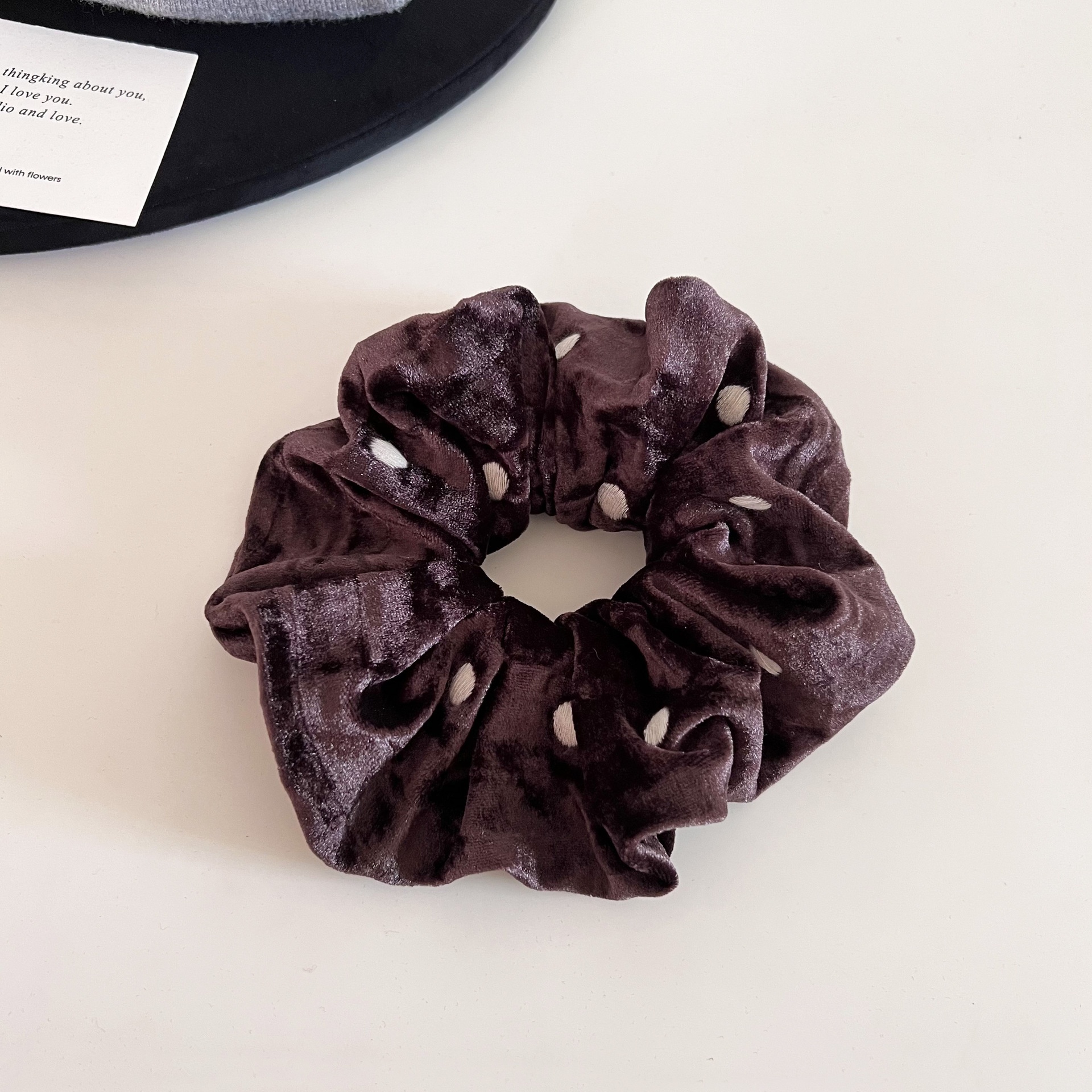 Women's Winter Velvet Ball Hair Tie For Elegant Bun Coffee Black Polka Dot