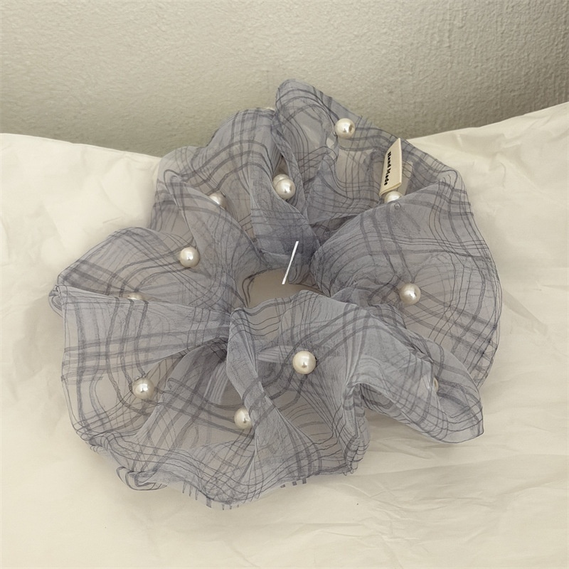 Women's Daily Pearl Gauze Scrunchies Pink Plaid Checkered Hair Tie
