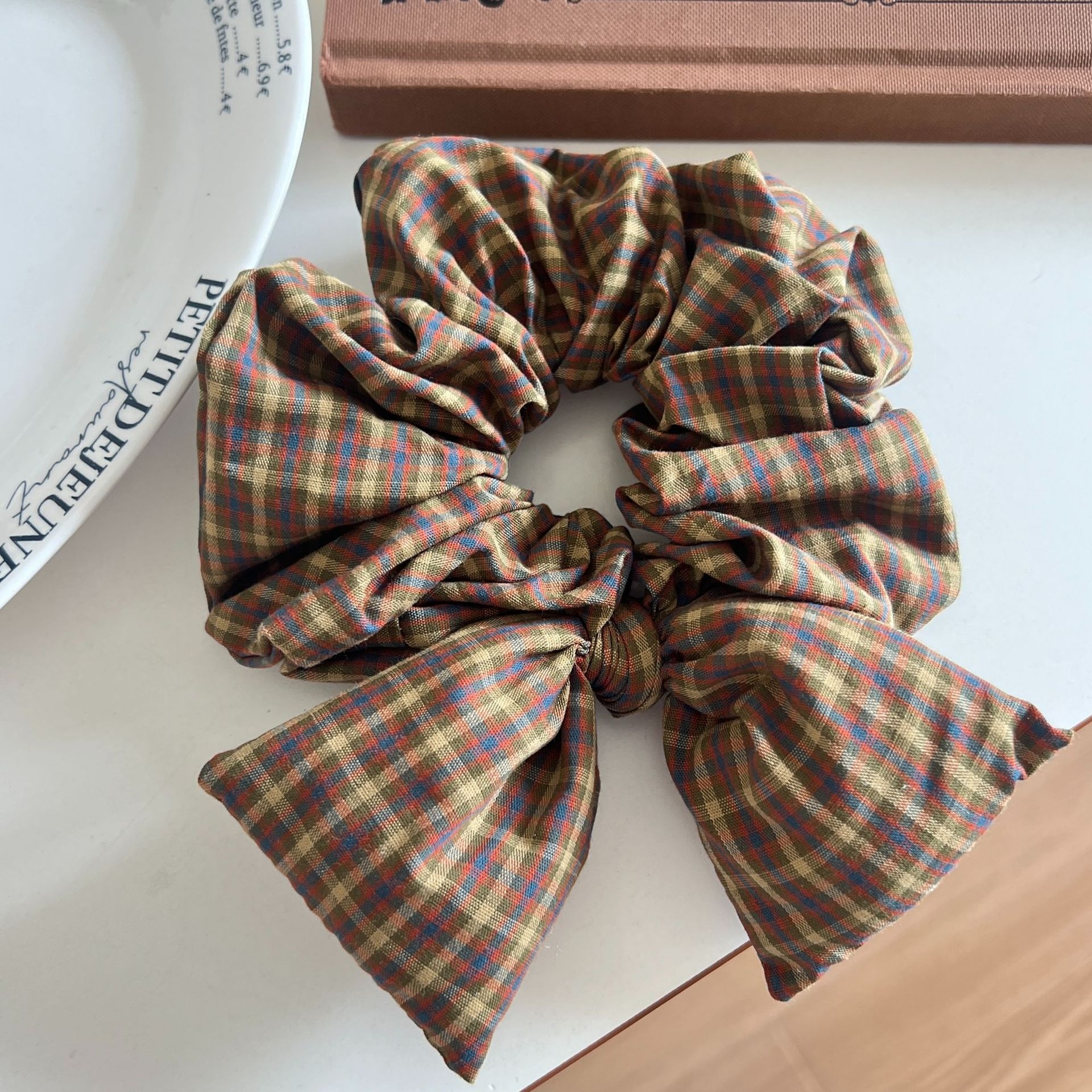 Women's Ruffled Fabric Low Ponytail Hair Tie Scrunchie Retro Plaid
