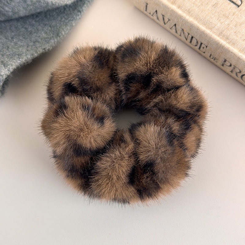 Women's Winter Flannel Large Ponytail Hair Scrunchie Leopard Print