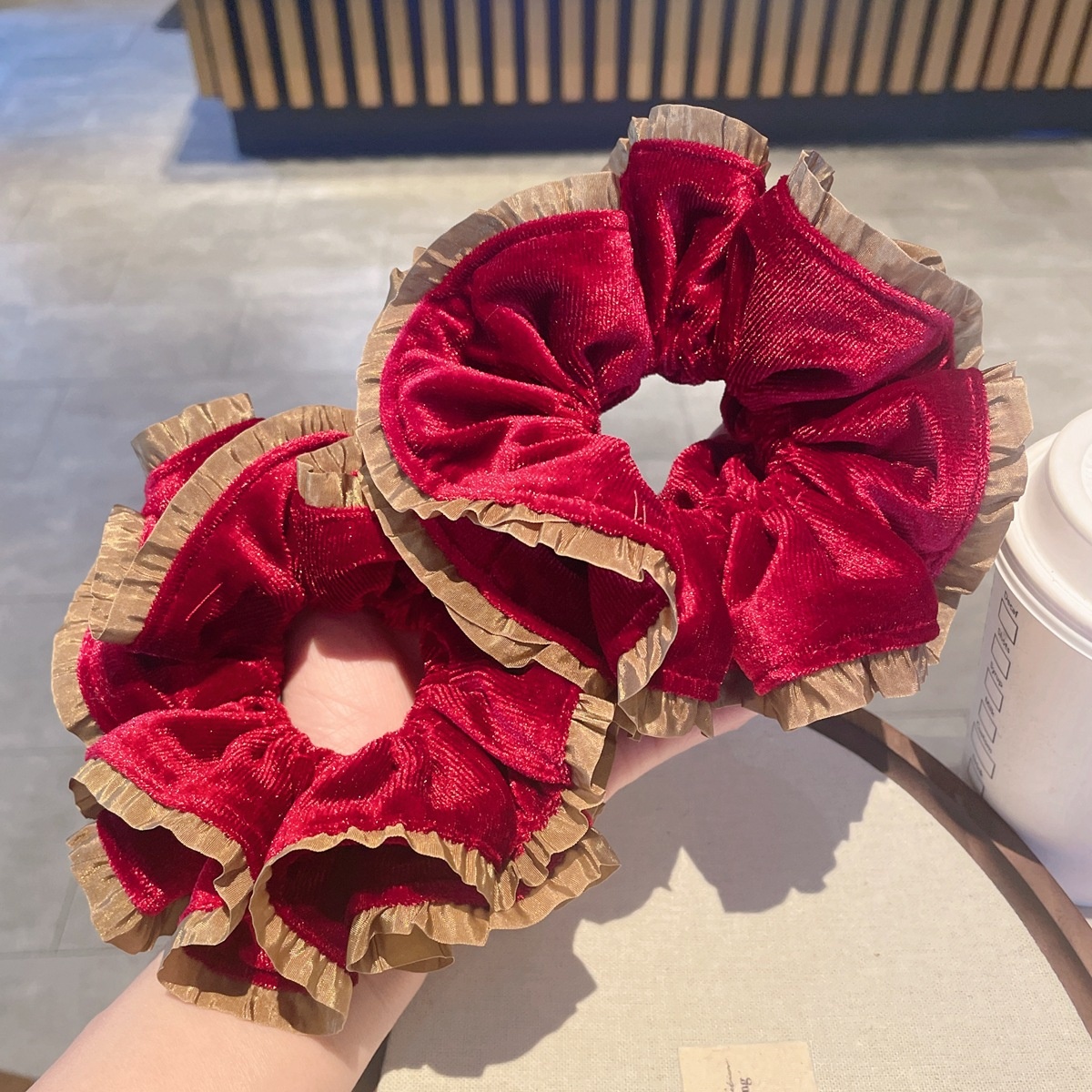 Women's French Velvet Lace Hair Tie Winter Accessory Wine Red Color Block