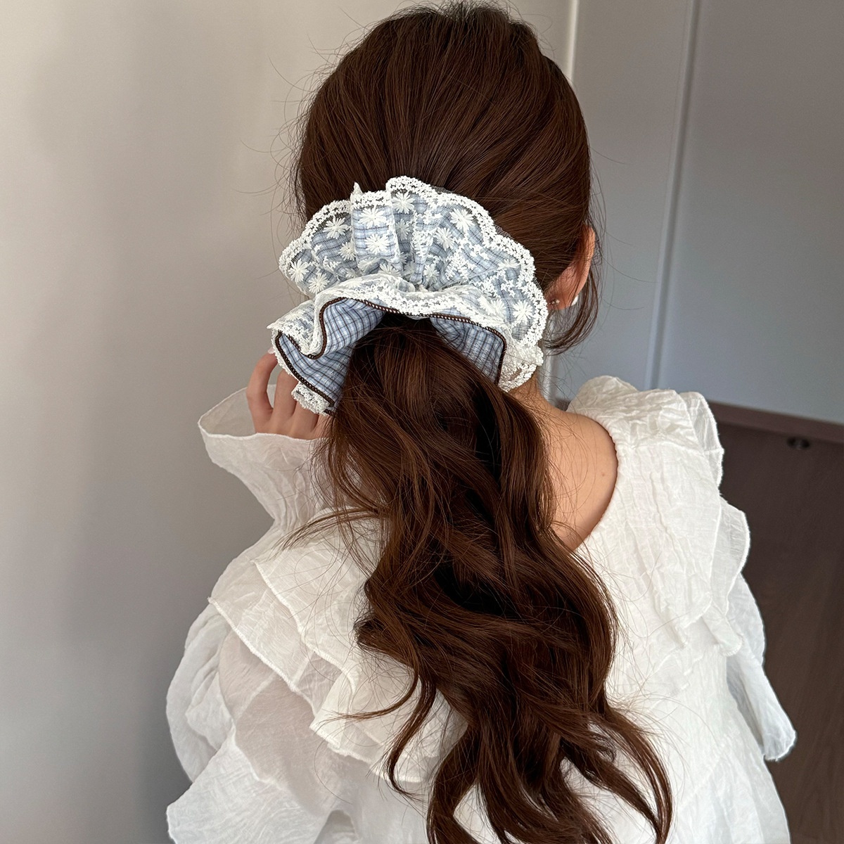 Women's Spring Cloth Scrunchie Hair Tie Blue Plaid Lace