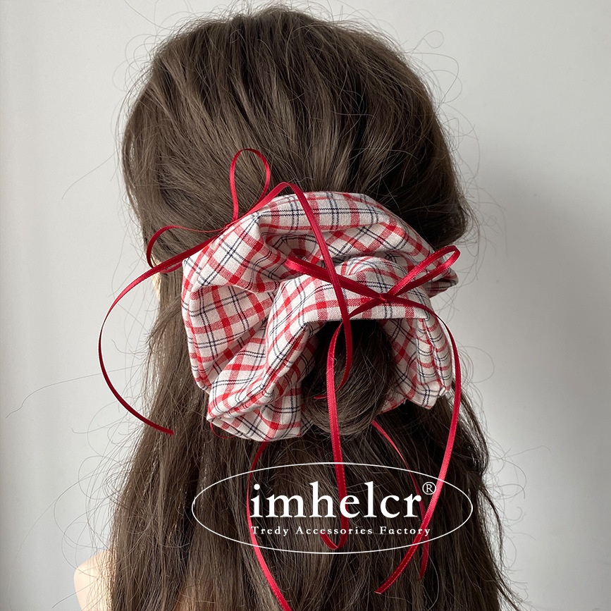 Women's Heavy Duty Cloth Bow Ponytail Hair Tie For Ballet Wine Red Plaid