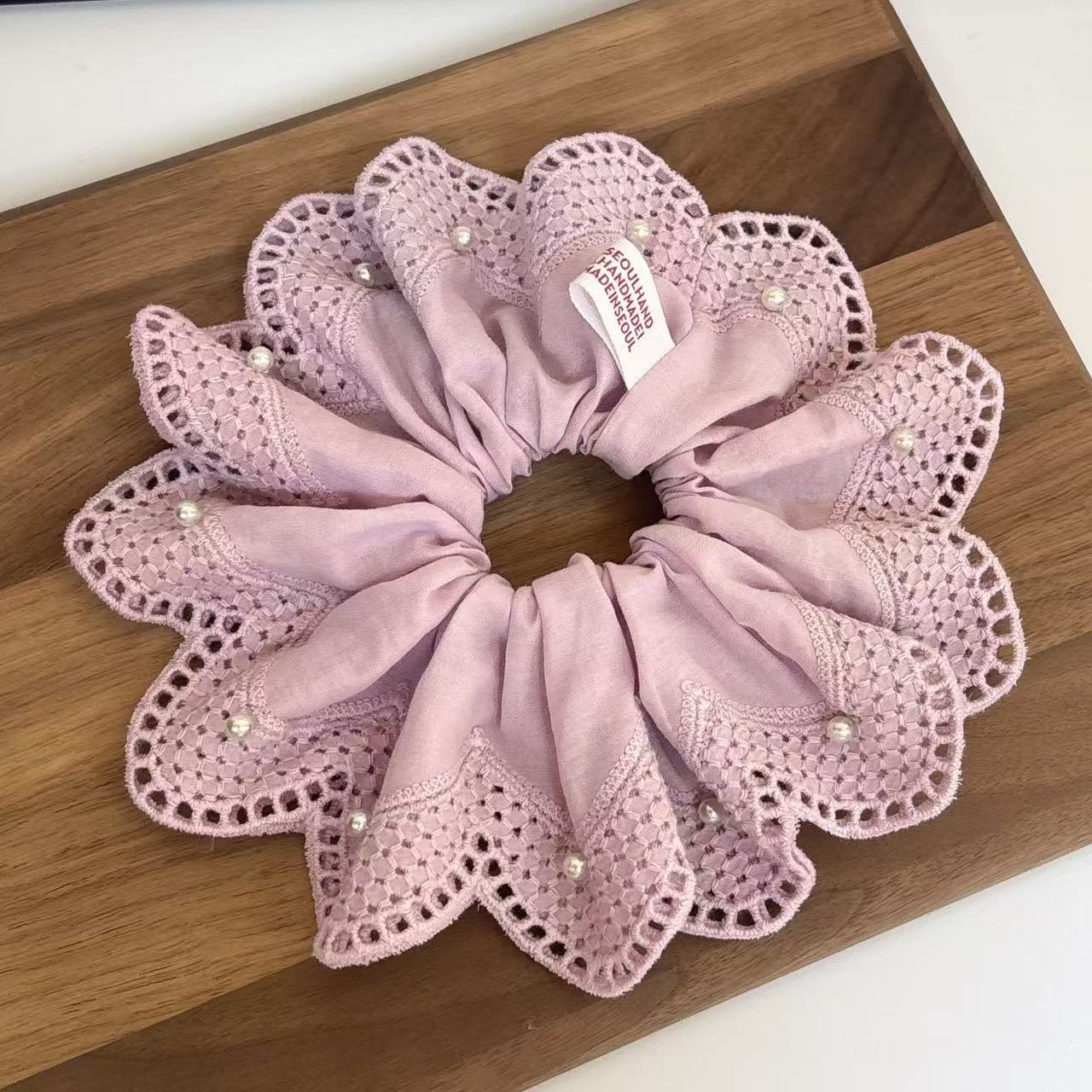 Women's Elegant Pleated Ponytail Bun Hair Tie Yellow Lace Pearl Flower