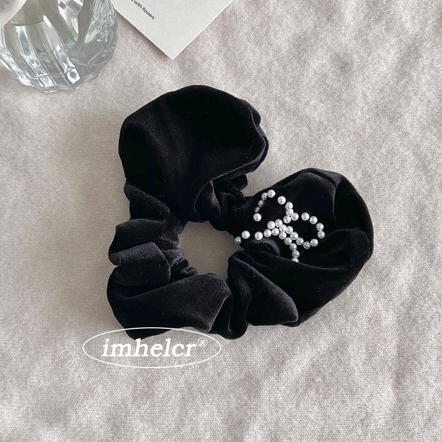 Women's Soft Velvet Pearl Bowknot Hair Tie Yellow Heart Shape