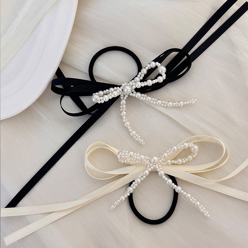 Women's Elegant Bow Knot Hair Tie with Imitation Pearls, Beige & Black