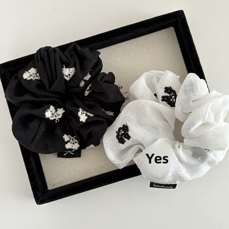 Women's Spring Cloth Hair Tie Scrunchie Black Embroidered Floral