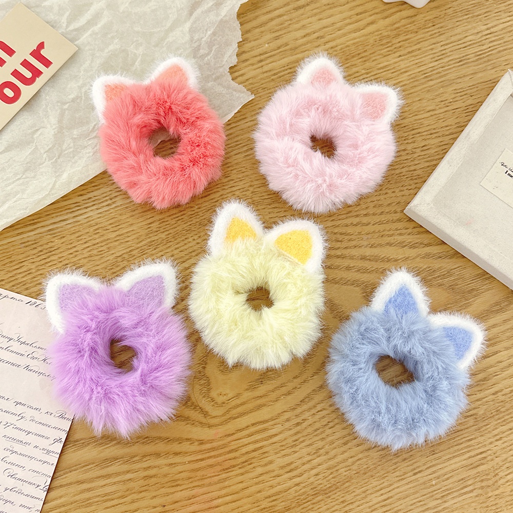 Girls Autumn Winter Plush Cat Ear Ponytail Hair Tie Macaron Colors