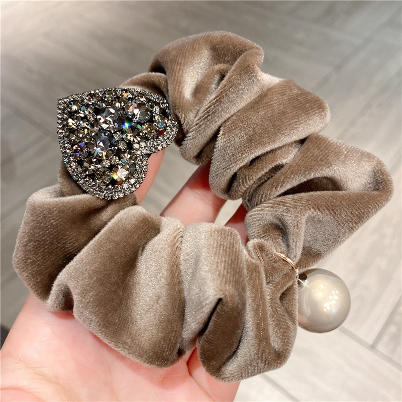 Ladies Velvet Lazy Low Bun Hairband Rhinestone Heart Bow Khaki Black