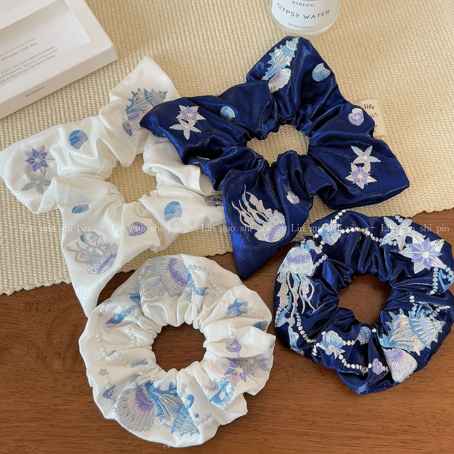 Women's Soft Cloth Hair Tie, Navy Blue Marine Starfish Shell Embroidery