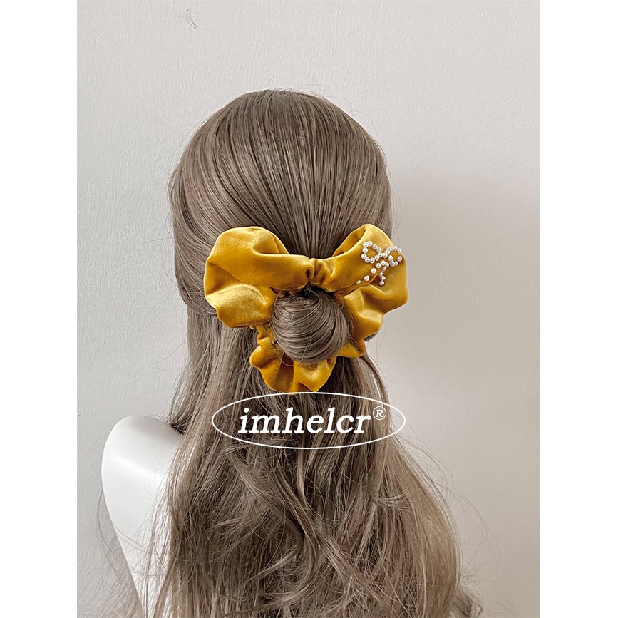 Women's Soft Velvet Pearl Bowknot Hair Tie Yellow Heart Shape