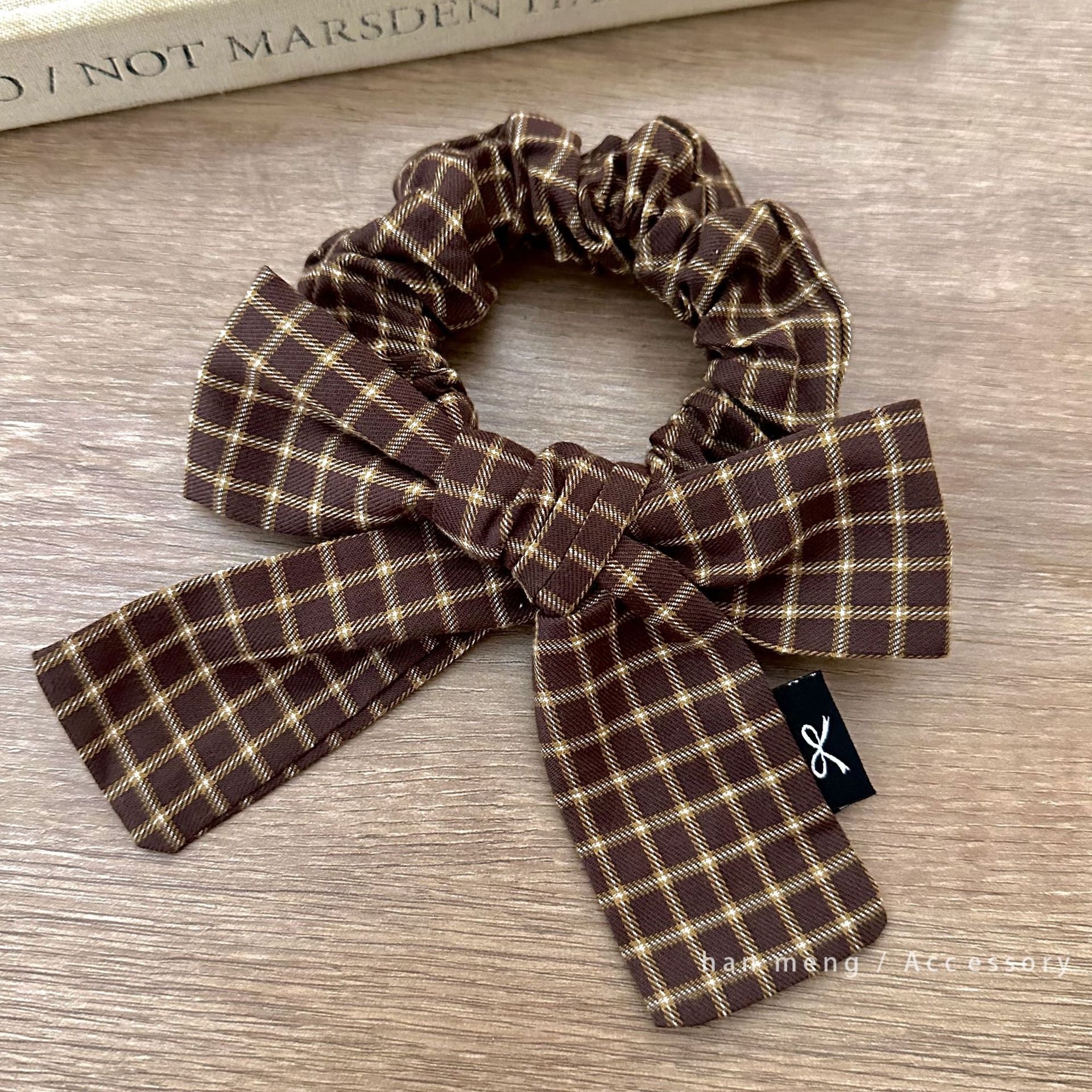 Women's Cotton Bowknot Ponytail Holder Hair Ties Retro Green Camel Plaid