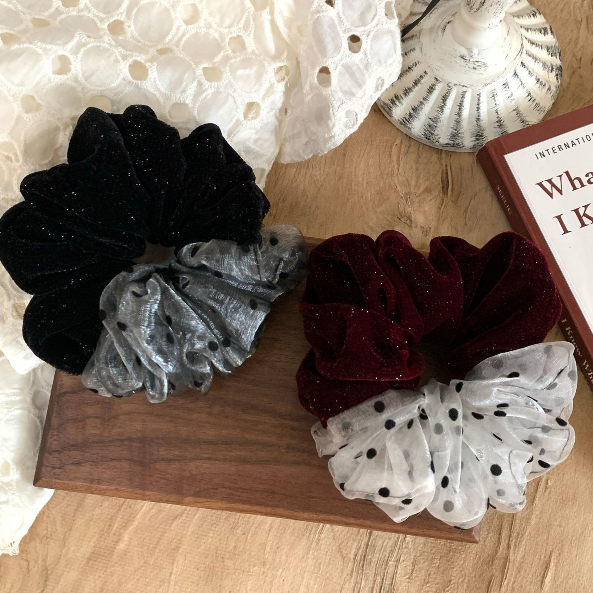 Women's Elegant Velvet Polka Dot Hair Tie Gradient Autumn Winter Scrunchie
