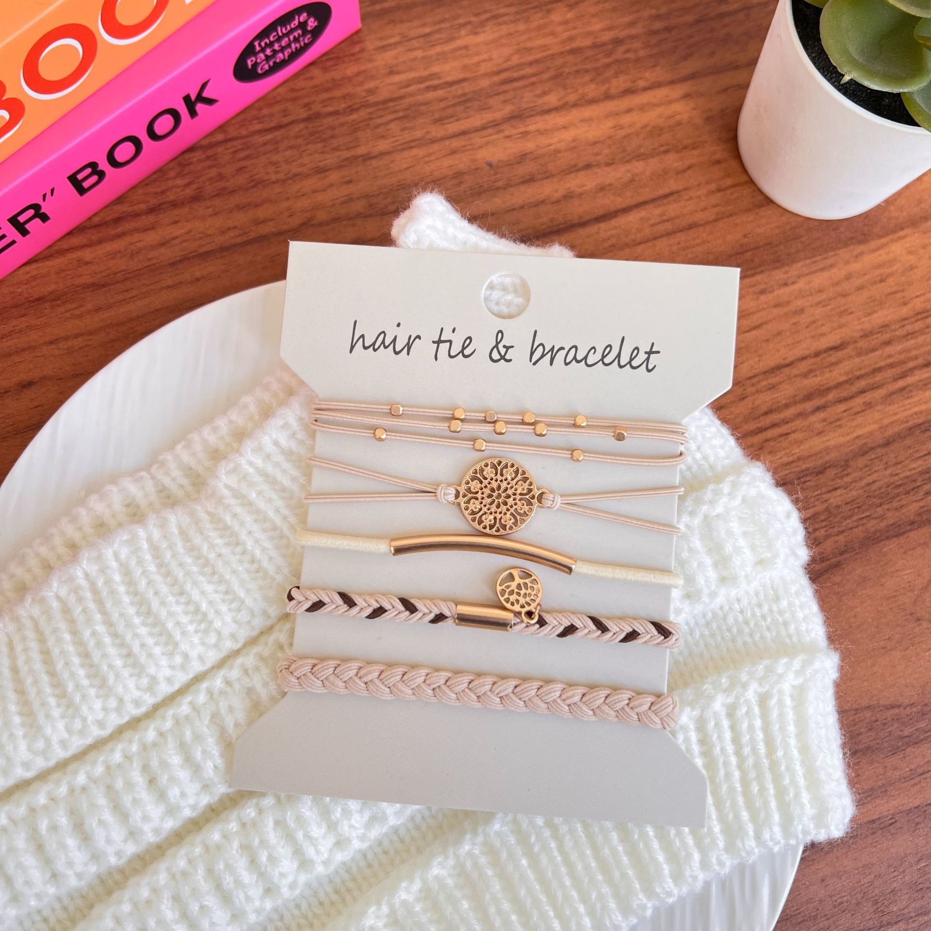 Women's 5Pcs Brown Metal Tree of Life Elastic Hair Tie Bracelet Set