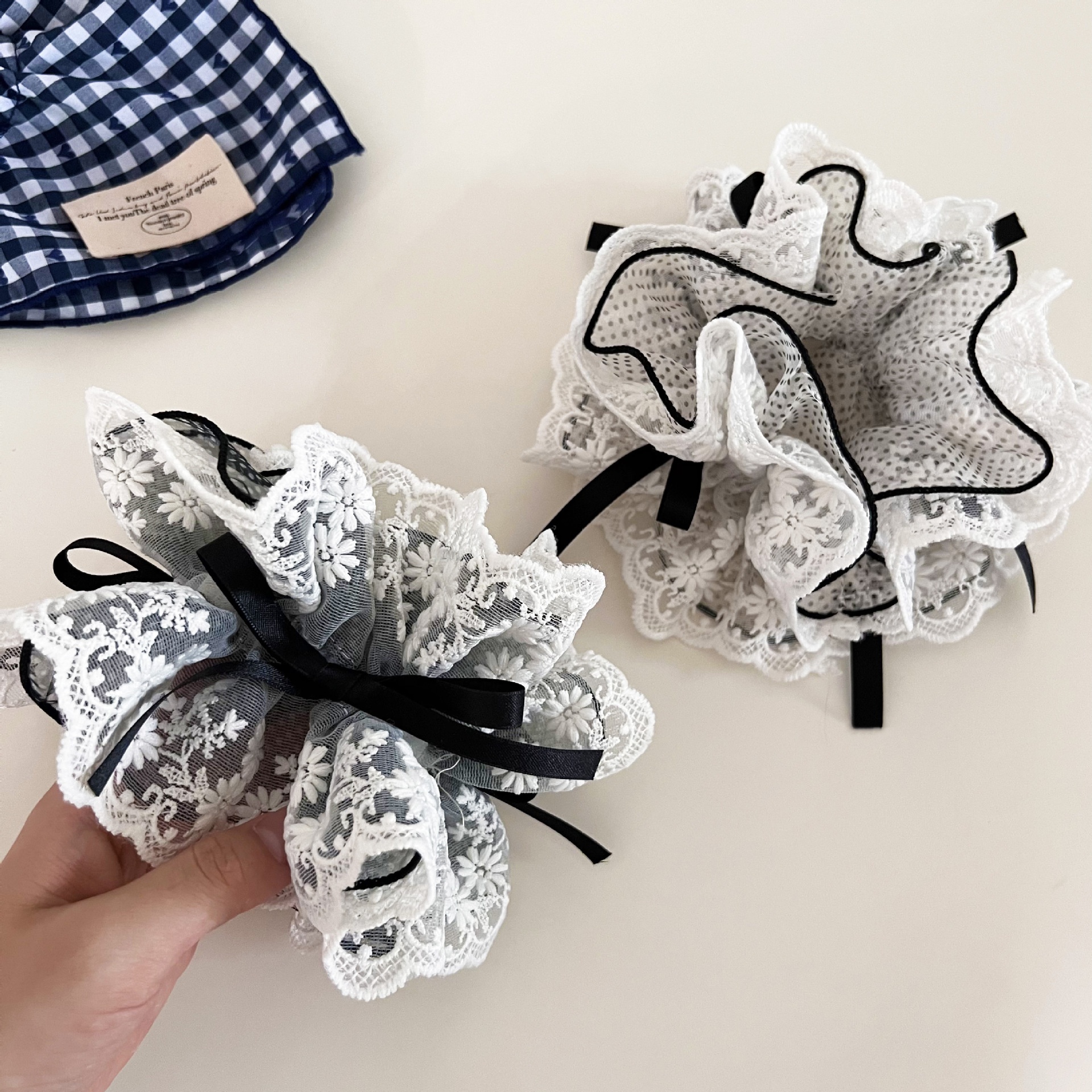 Women's French Lace Bow Elastic Hair Tie For Buns Black White Polka Dot