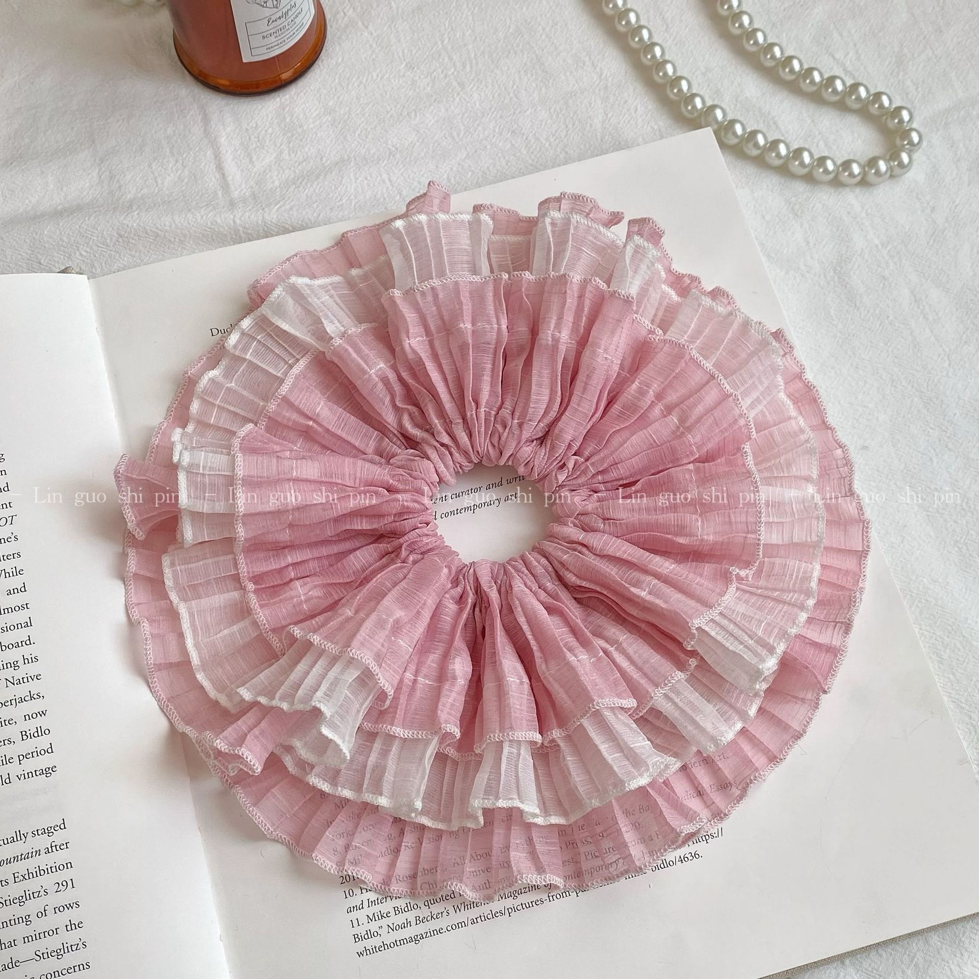 Women's Spring Soft Gauze Chiffon Hair Tie Sweet Pink Floral Lace