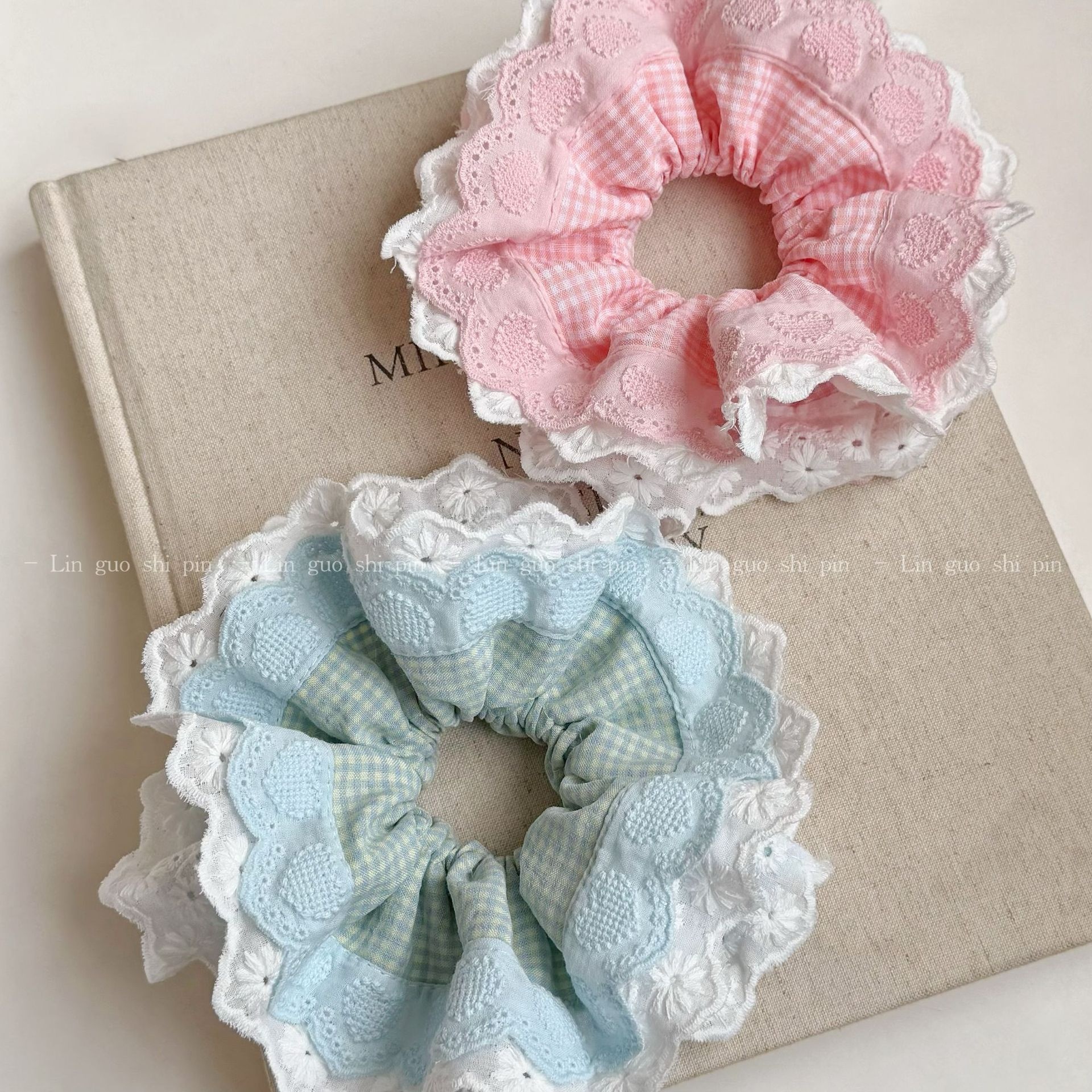 Women's Preppy Lace Heart Shape Hair Tie Daily Accessory Blue Plaid