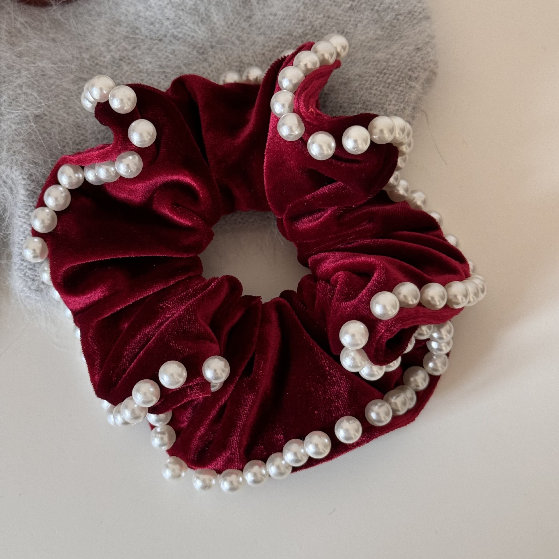 Women's New Year Velvet Pearl High Elastic Hair Band Solid Red