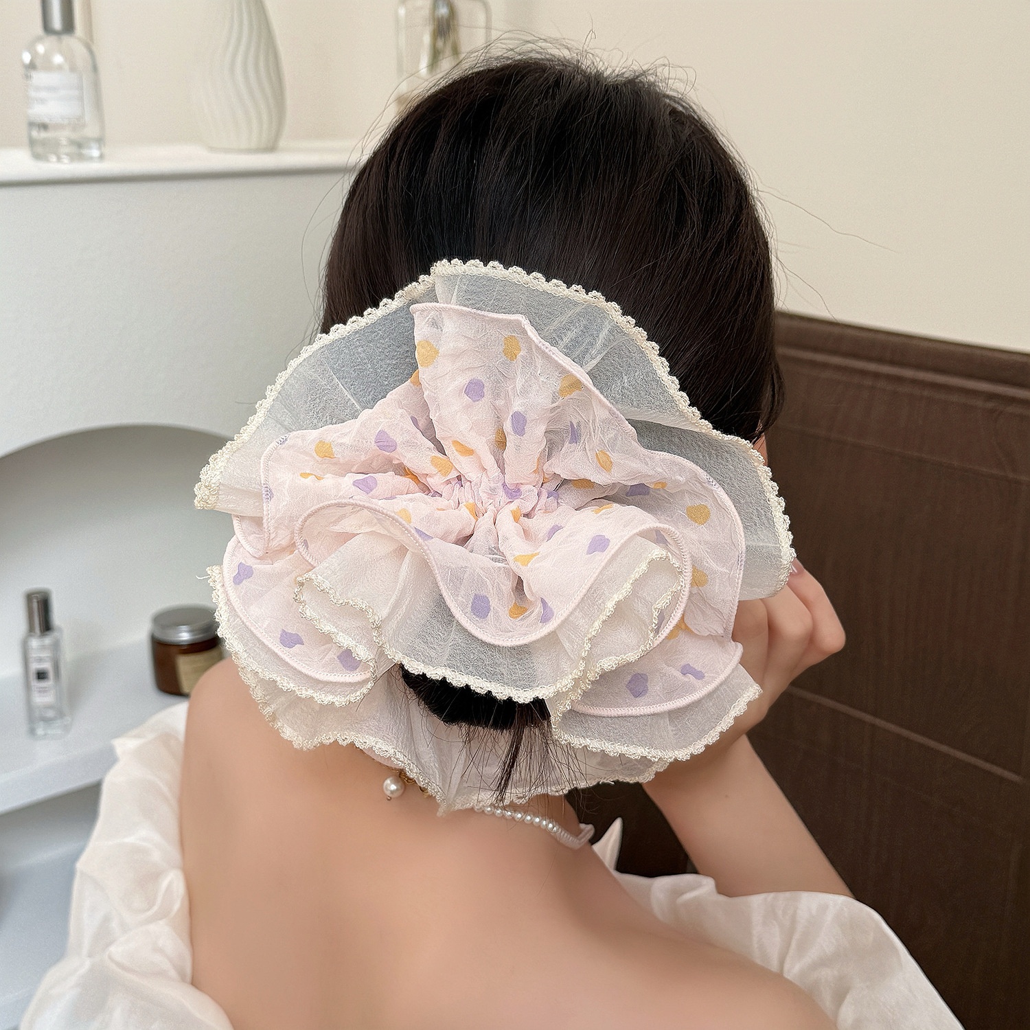 Women's Sweet Spring Gauze Hair Tie Scrunchie Grey Polka Dots