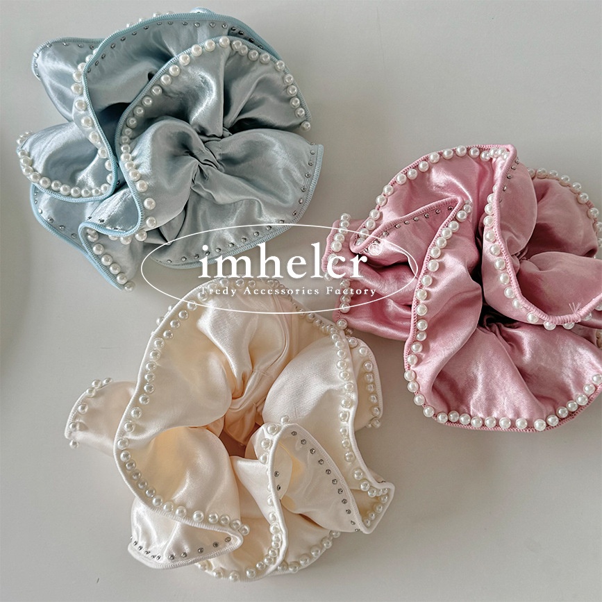 Women's French Satin Pearl Beaded Elastic Scrunchie Solid Color