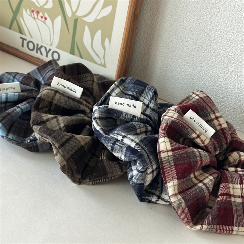 Women's Retro Dark Plaid Hair Ties Preppy Frayed Cloth Elastic Hair Bands